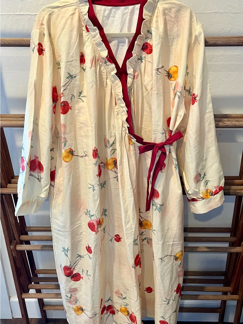 100% cotton Cream Pomegranate and Floral Wrap Tie-Waist Robe with Red Trim